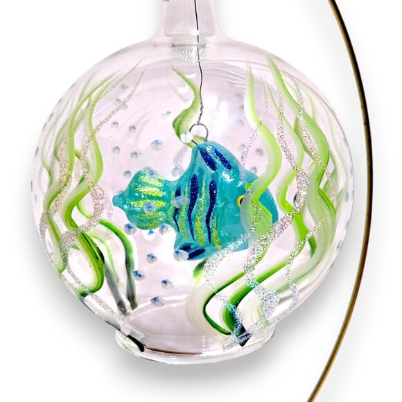 Vintage Hand-Painted Glass Coral Fish In Round Open Art Glass Ornament - Picture 8 of 8